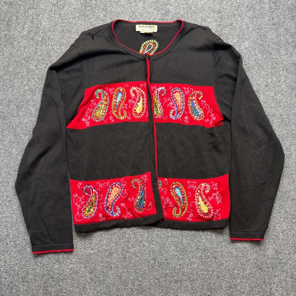 Jack B Quick Petites Black Red Paisley Beaded Sequin Cardigan Sweater PL